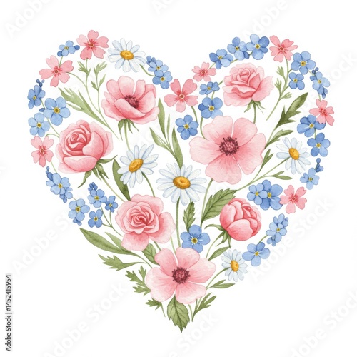 Watercolor Floral Heart with Pink and Blue Flowers