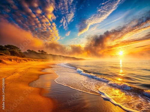Warm Sand Beach Panorama, Misty Sunrise, Soft Glowing Light