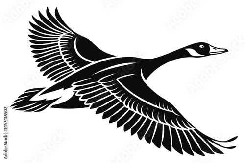 Flying goose vector art: detailed illustration of a canada goose in flight with wings spread, black and white, 100 characters isolated on transparent background