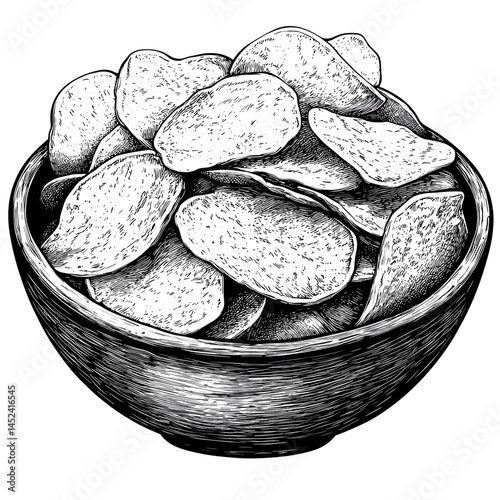 Vintage woodcut style vector, bowl of potato chips, black sketch, hand drawn snack illustration, engraving texture, crunchy snack clipart, retro food drawing, salty potato crisps,