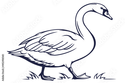 Elegant swan line art illustration for coloring pages and educational resources, outline of a swan drawing isolated on transparent background