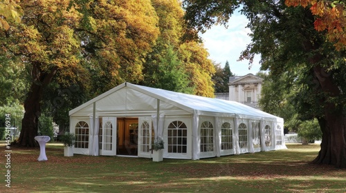 Elegant Marquee Tent Set Among Vibrant Autumn Trees in Park