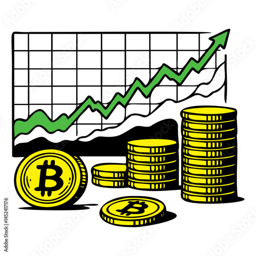 Illustration of Bitcoin Growth with Rising Chart and Stacks of Coins
