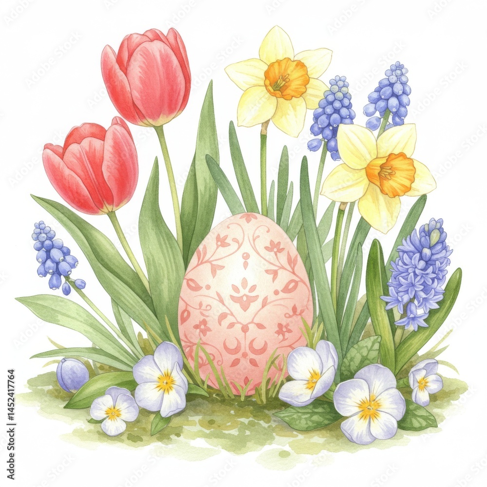 Obraz premium Pastel Spring Flowers and Decorated Egg