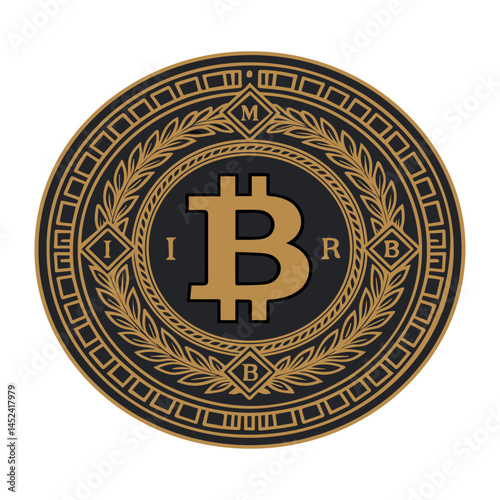 Golden Bitcoin Symbol Emblem on an Ornate Decorative Background