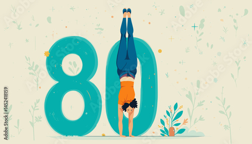 A gymnast performing a handstand in front of a large artistic number eighty, surrounded by botanical elements
