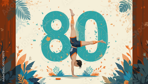 A gymnast performing a handstand in front of a large artistic number eighty, surrounded by floral decorations
