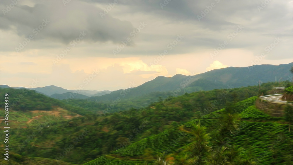 Fototapeta premium A breathtaking water color style view of lush green hills stretching into the distance under a moody, cloudy sky