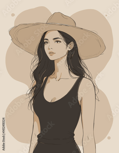 A chic line drawing of a stylish woman wearing a large straw hat, embodying elegance and modernity