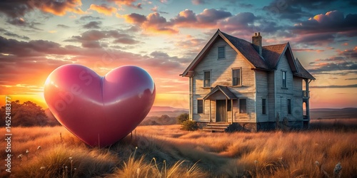 Whimsical Pink Heart House Sunset - Pastel Urban Exploration Photography