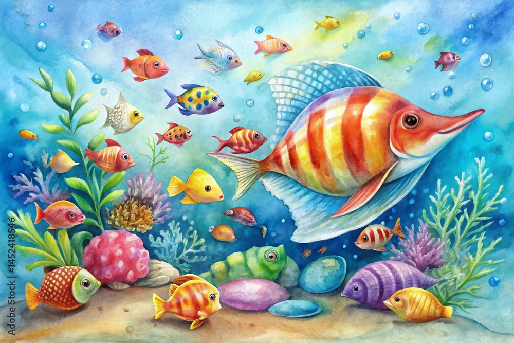 Naklejka premium Whimsical Watercolor Shell Aquarium: Kids Room Decor Stock Photo