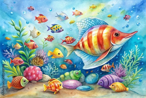 Whimsical Watercolor Shell Aquarium: Kids Room Decor Stock Photo