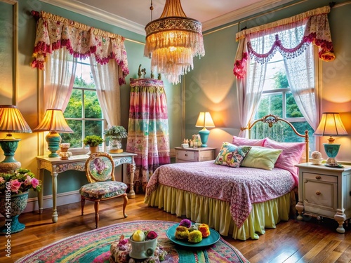 Whimsical Victorian Bedroom with Playful Fringe Accents & Eclectic Decor - Stock Photo