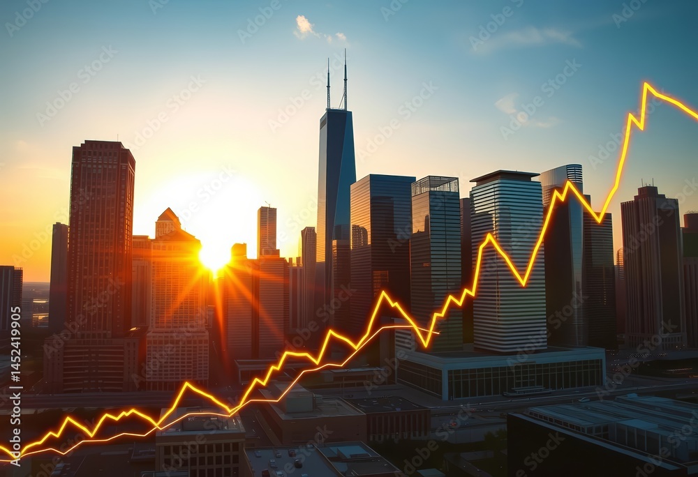 Naklejka premium Chicago skyline sunset, skyscrapers reflecting golden light, financial graph hologram, chart, hologram