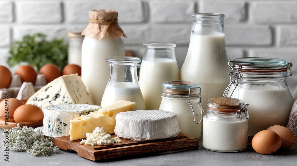 Variety of dairy items such as cheese, yogurt, and eggs arranged neatly on a dark grey table with ample space for branding