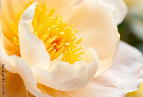 Fototapeta Naklejka Na Ścianę i Meble -  Close-up of a delicate white and yellow peony blossom, springtime bloom, vibrant, floral