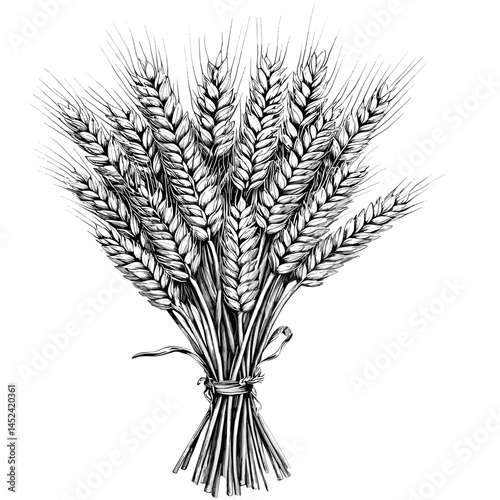 Black sketch of wheat bundle, vintage engraving style, monochrome grunge texture, rustic botanical illustration, farmhouse decor vector, block print grain design, antique style