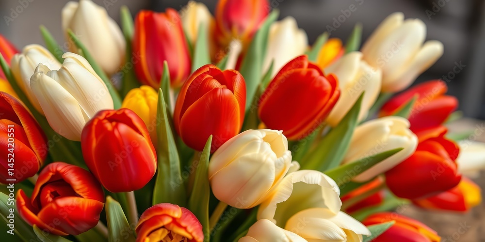 Fototapeta premium Close-up of red, yellow, and white tulips on a tabletop, isolated, white