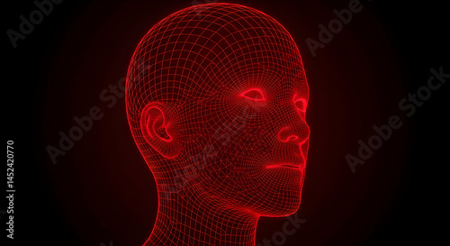 Red Wireframe Human Head Model with Digital Aesthetic Design