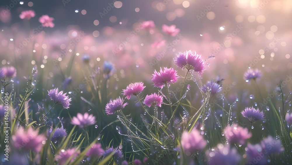 Obraz premium Dreamy meadow with pink and purple wildflowers, dewy grass, and soft bokeh sunlight, capturing the fresh glow of an early spring morning. 