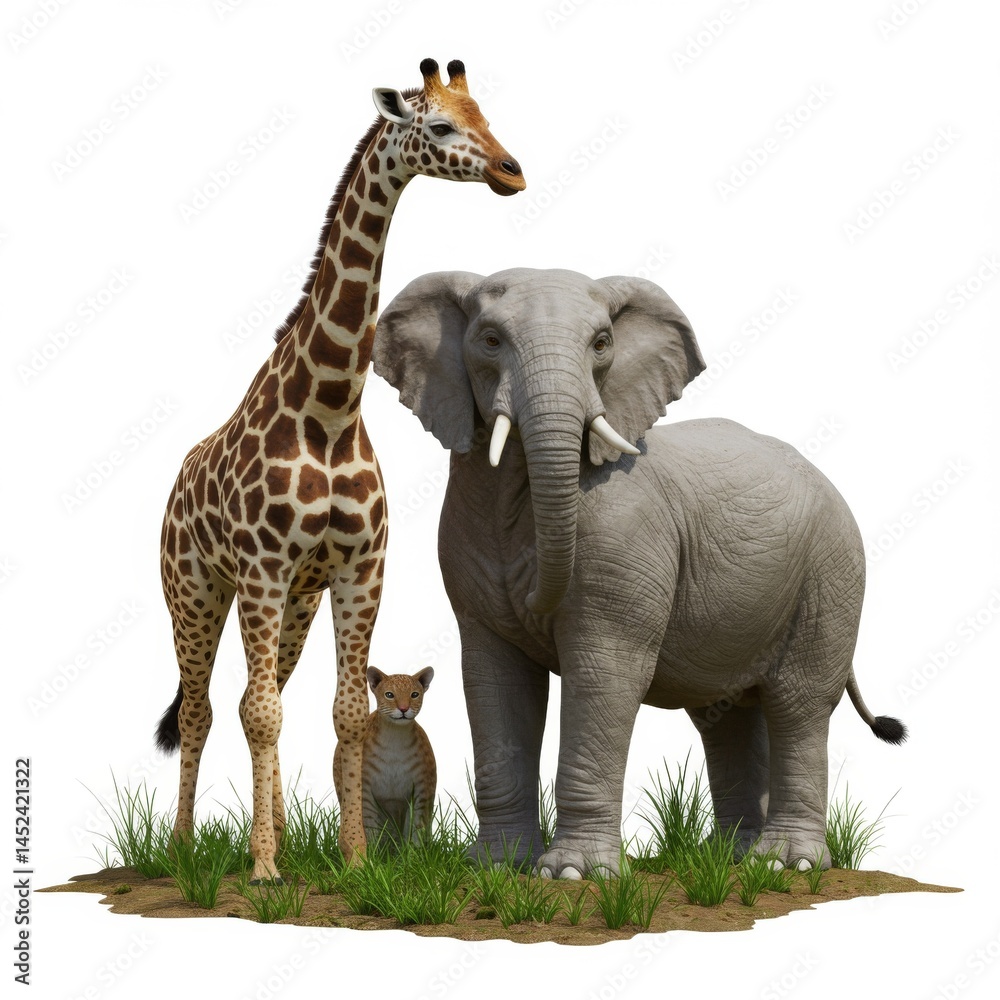 Obraz premium Giraffe Elephant and Lion Cub in African Savanna