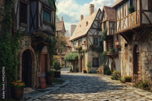 Charming cobblestone road winding through a picturesque European village with traditional half timbered houses adorned with flowers and greenery