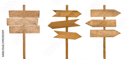 Set of wooden directional signposts isolated on white background with clipping path. Design element. Collection of direction signs.