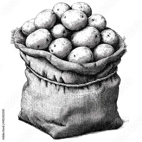 Vintage engraving, burlap sack full of potatoes, black sketch, old woodcut vector style, hand-drawn rustic produce, retro farming, countryside food art, antique style, trendy
