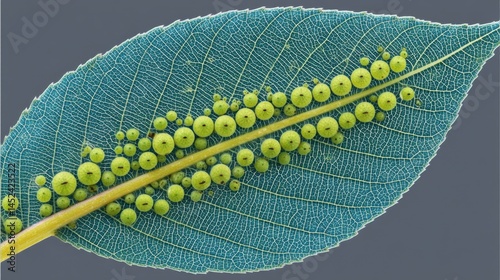 Macro shot of a vibrant green leaf showcasing intricate details and plant galls