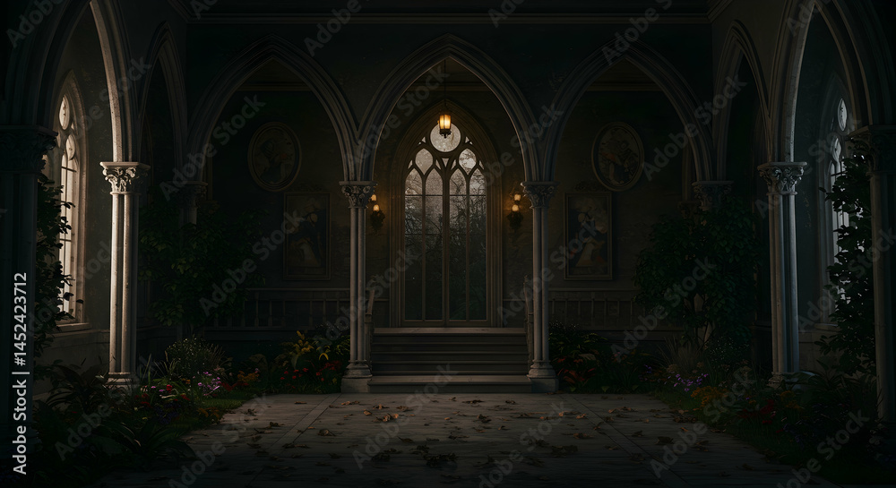 Naklejka premium Enchanted Gothic Hallway with Illuminated Arched Windows and Decor