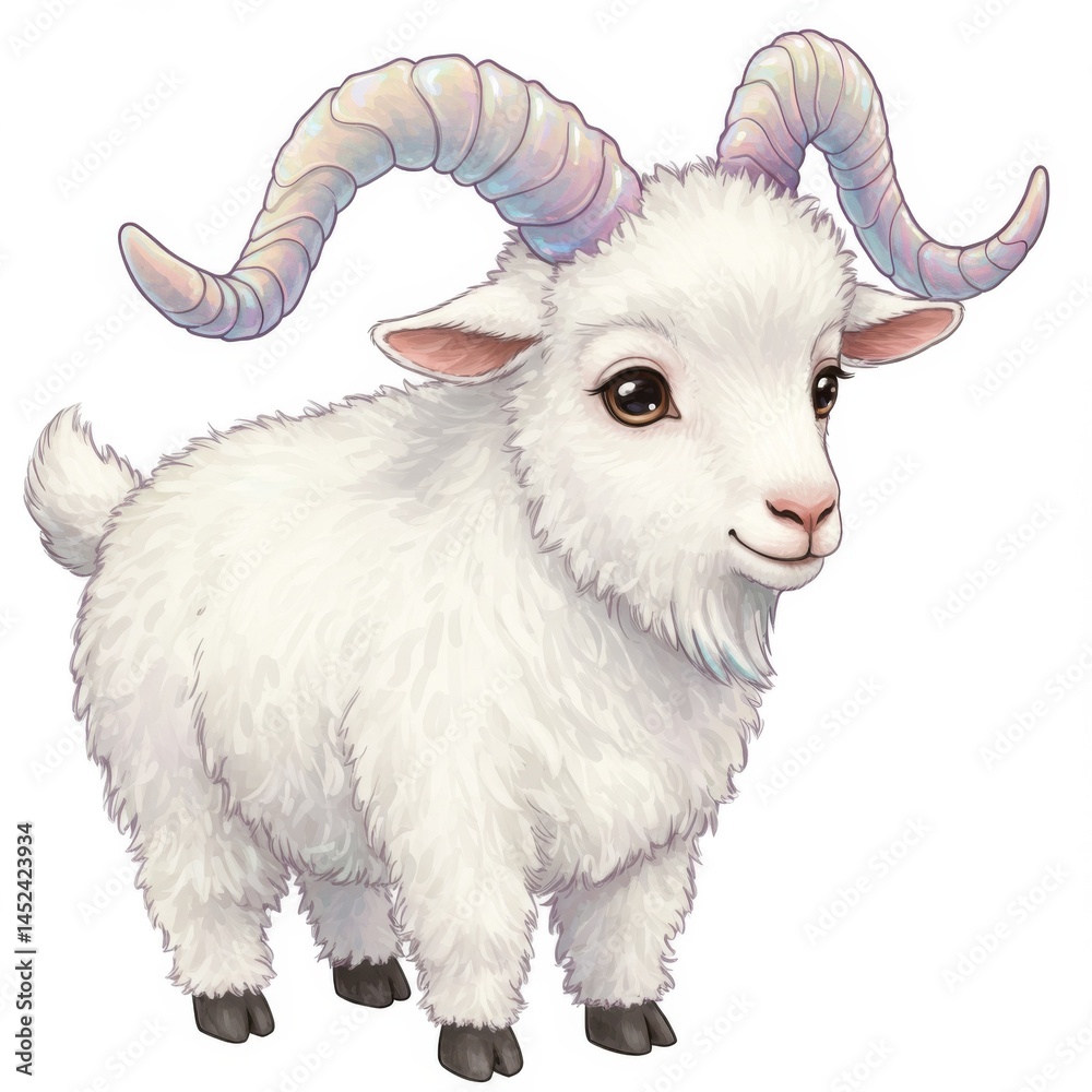 Fototapeta premium Adorable White Fluffy Goat with Large Curled Horns