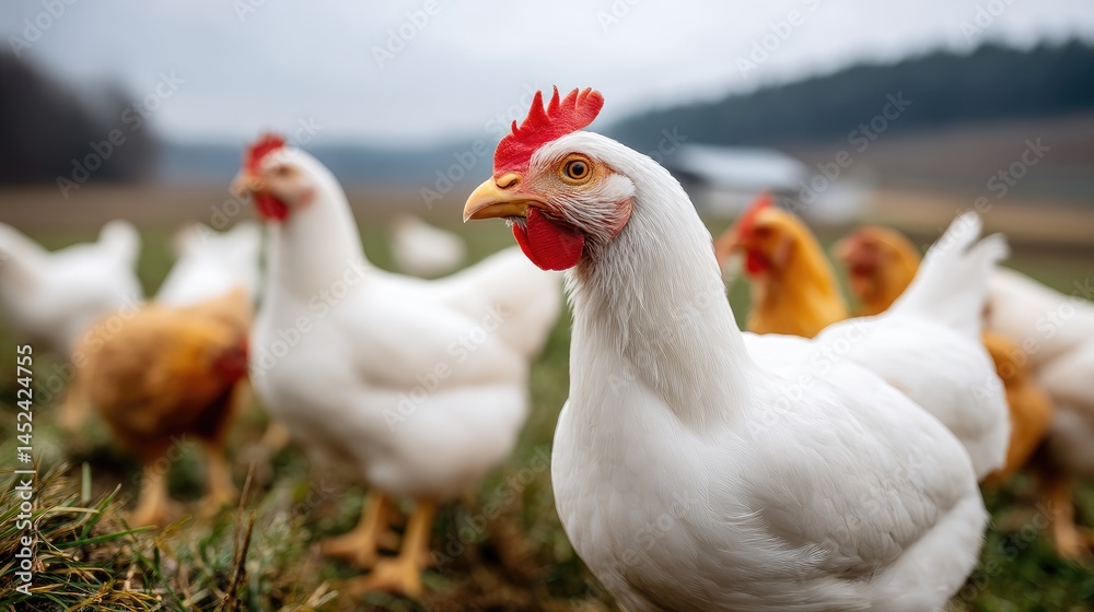 White chickens roam freely in a lush green field on an organic farm during daylight, showcasing healthy farming practices White chickens roam freely in a lush green field on an organic farm during daylight, showcasing healthy farming practices