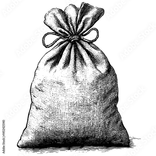 Vintage burlap sack, black and white sketch, old engraving style woodcut, rustic textile bag, hand-drawn grain bag, retro farm storage sack, vintage rustic sack illustration,