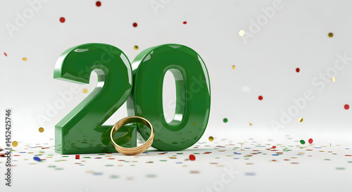 Green Number Twenty with Wedding Rings on Festive Background