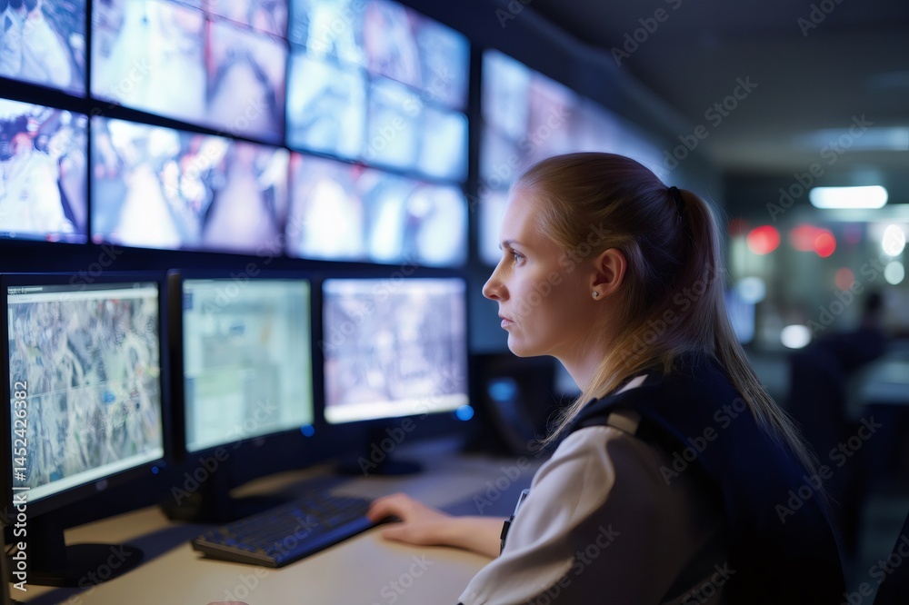 Fototapeta premium Security operator monitoring multiple screens in a control room, ensuring safety and preventing incidents