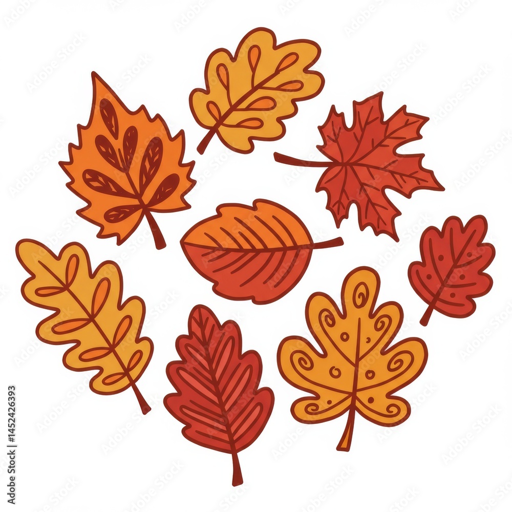 Obraz premium Autumn Leaves Collection: Orange, Red, Brown Foliage Illustration