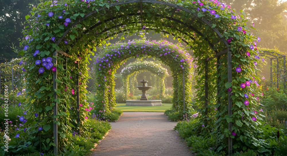 Fototapeta premium Tranquil Garden Arborway With Lush Morning Glories And Distant Fountain
