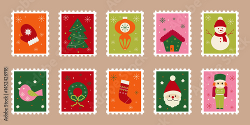 Colorful Christmas stamp collection. Festive holiday postage designs of santa, snowman, tree, ornaments in cute cartoon style illustration