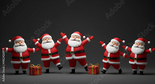 Cheerful Santa Clauses Celebrating Christmas with Gift Boxes