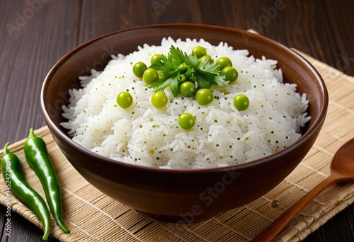 One place has a bowl of rice and peas on the mat