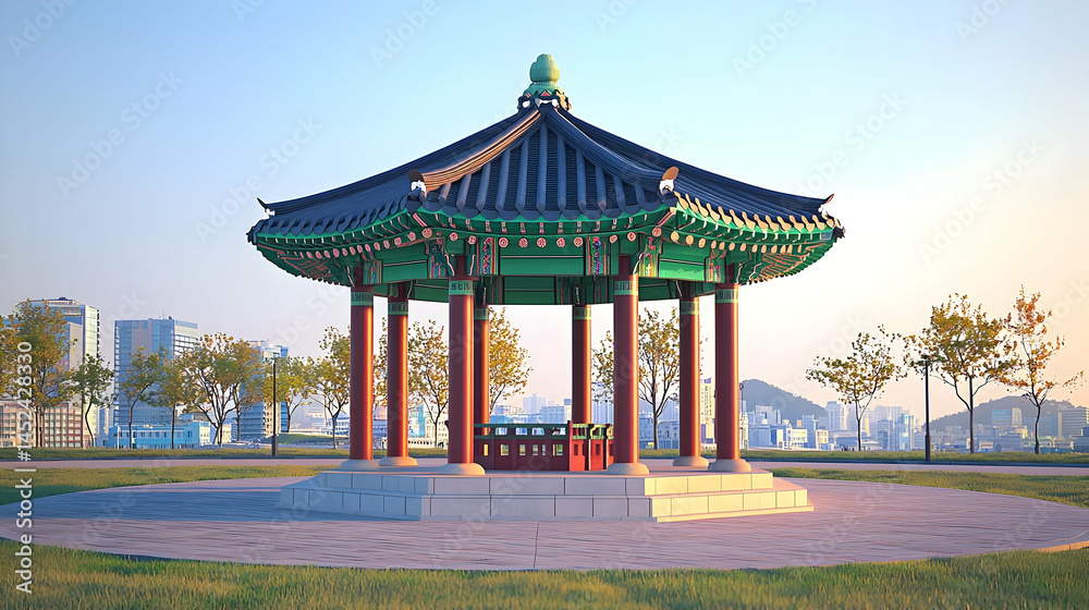 Fototapeta premium Korean gazebo in park, city view. Sunrise or sunset