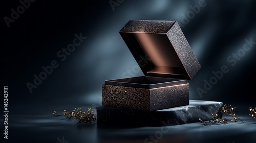 Luxury box mockup with open lid black packaging elegant branding in dark background premium product presentation moody lighting photo