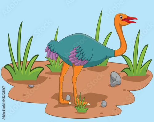 Cartoon ostrich in the field vector illustration