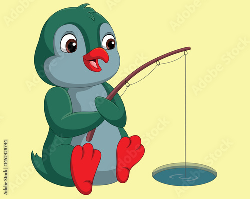 Cartoon Penguin fishing on the arctic ice vector illustration