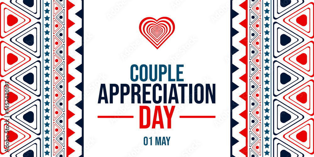 Obraz premium Couple Appreciation Day greeting with heart design, red and blue pattern and decorative border for love celebration on 1 May illustration