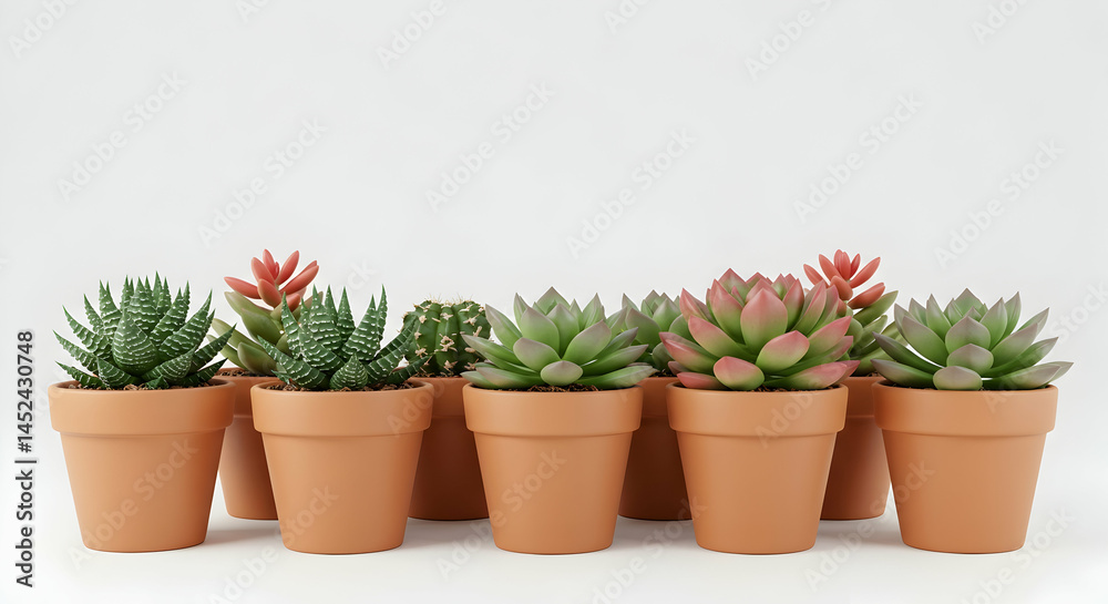 Fototapeta premium Collection of Succulent Plants in Terracotta Pots on White Background