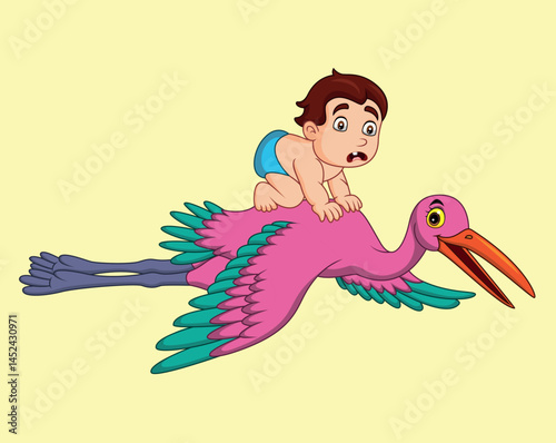 Cartoon stork carrying a baby vector illustration