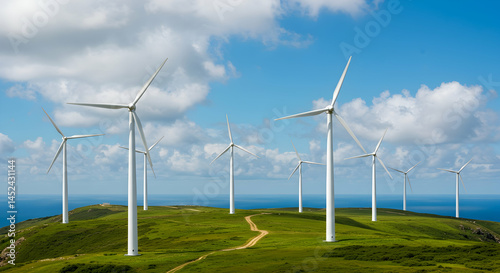 Wallpaper Mural Scenic Wind Turbines on Green Hill Against Blue Sky and Sea Torontodigital.ca