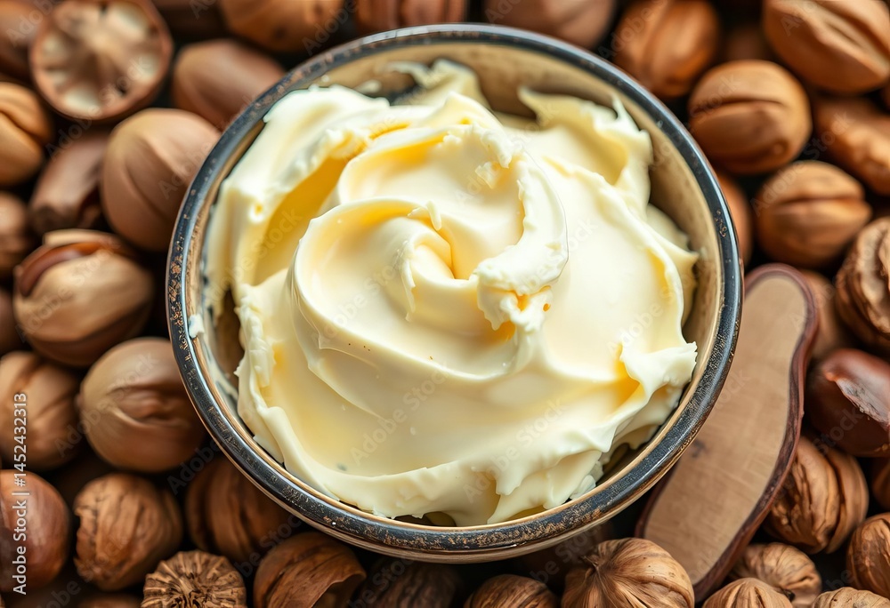Creamy shea butter in a bowl, surrounded by assorted nuts, healthy, skincare Creamy shea butter in a bowl, surrounded by assorted nuts, healthy, skincare