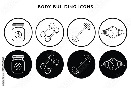 Bodybuilding icon set gym, fitness, workout, dumbbell ,barbell, muscle, strength, training, exercise, protein supplement power, lifting vector illustration.